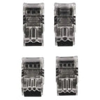 Four transparent LED light connector modules shown from top view, displaying internal circuitry and contact points in black a