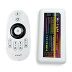 Mi-Light dual colour LED strip light remote control and receiver unit on white background.