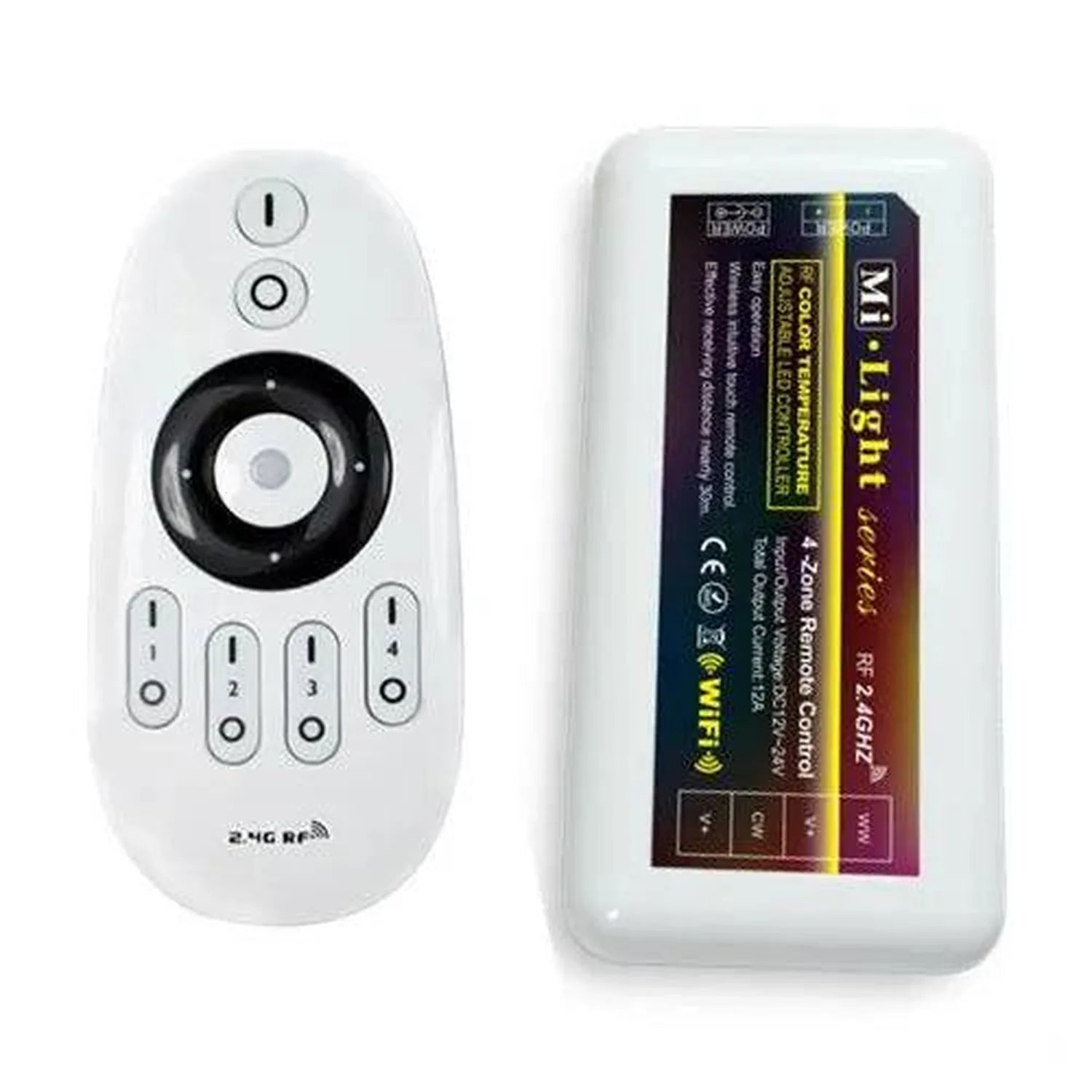 Mi-Light dual colour LED strip light remote control and receiver unit on white background.