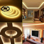 LED strip lighting installation examples showing warm white accent lighting in ceiling, hallway, and entertainment center app