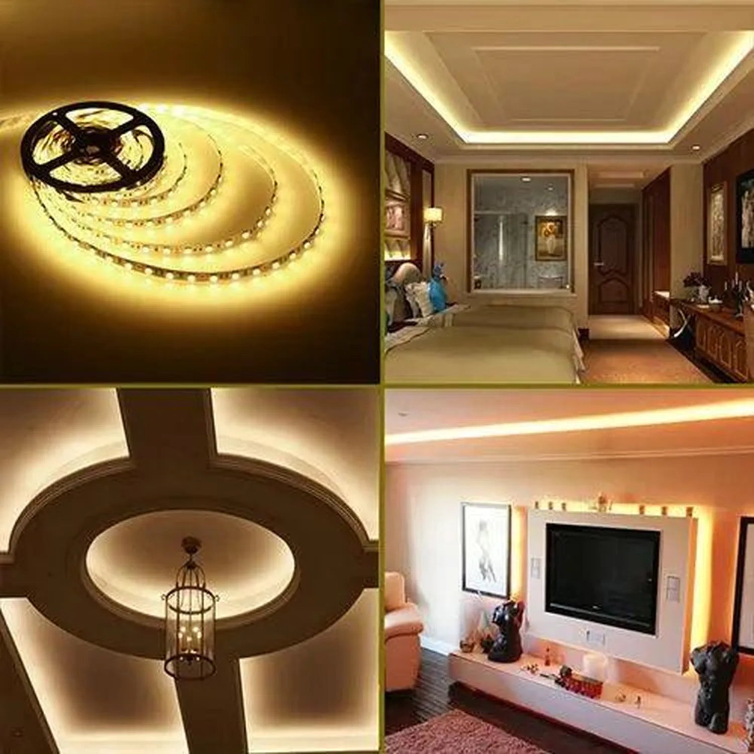 LED strip lighting installation examples showing warm white accent lighting in ceiling, hallway, and entertainment center app