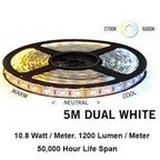 5M dual white LED strip light coiled on black reel showing warm 2700K and cool 6000K color options with specifications.