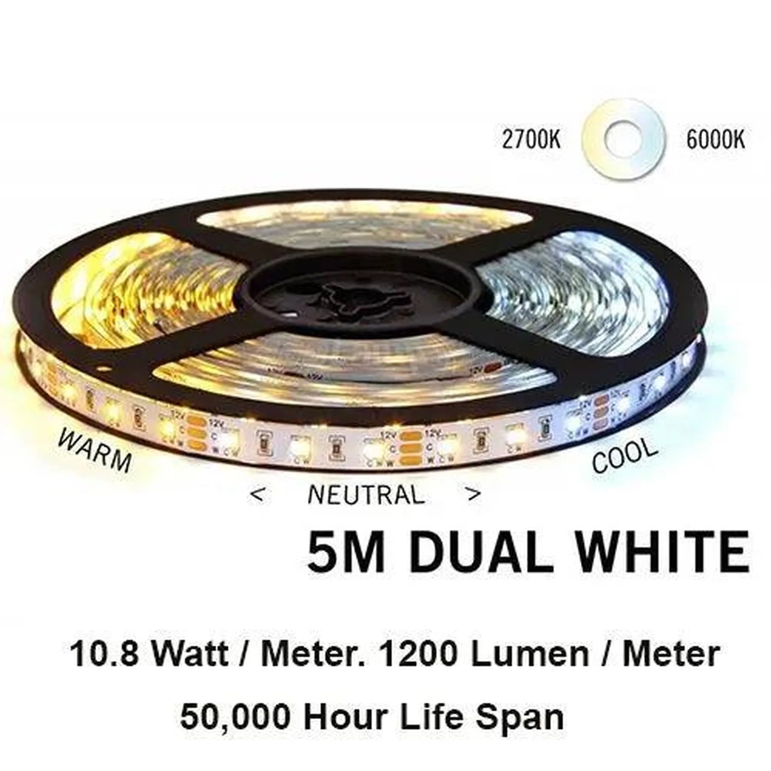 5M dual white LED strip light coiled on black reel showing warm 2700K and cool 6000K color options with specifications.