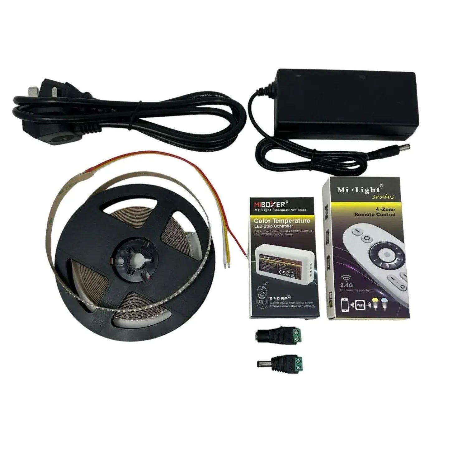 Mi-Light LED strip light kit with controller, remote, power supply, connectors, and packaging displayed on white background.