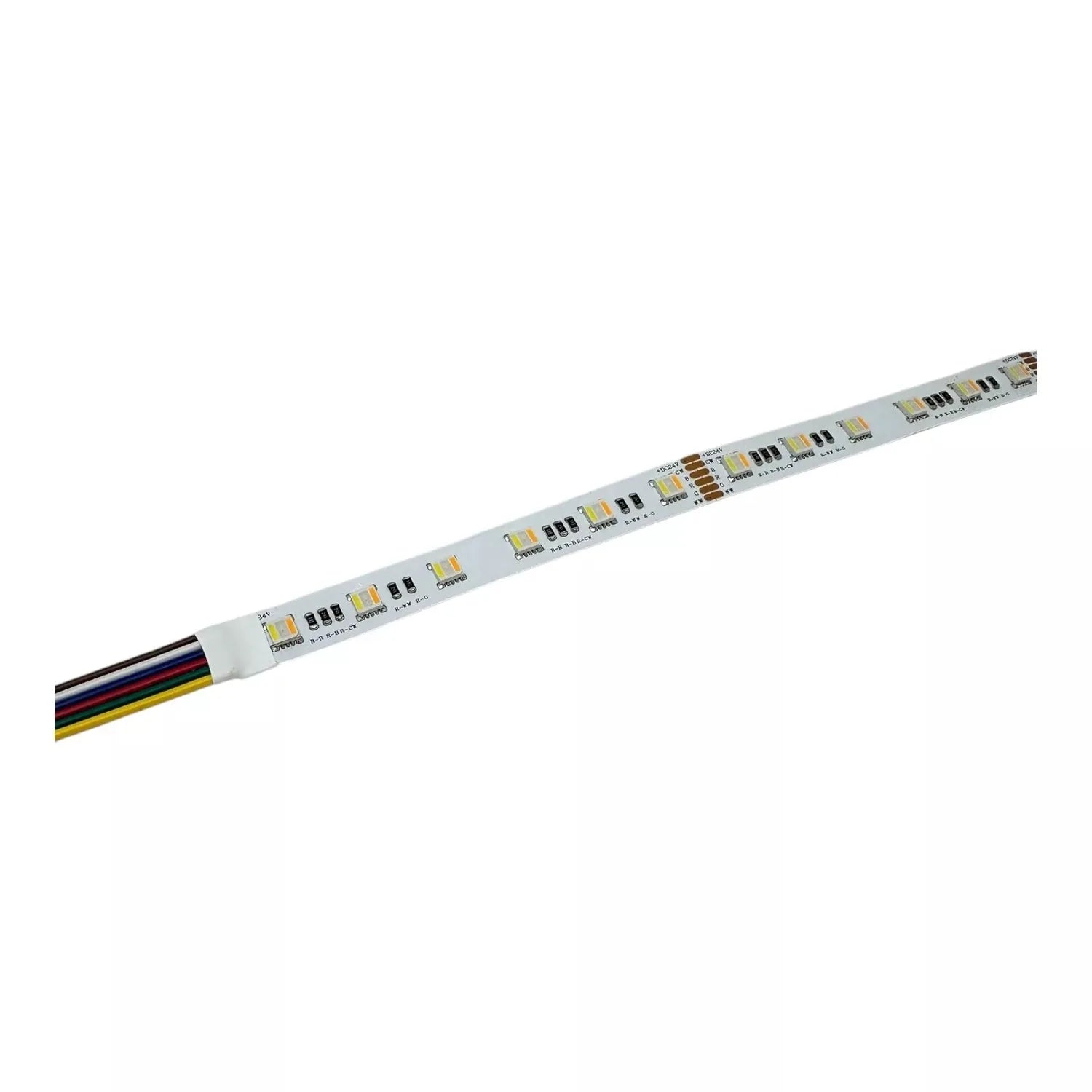 RGB CCT LED strip light with multicolored wire leads, shown at angle against white background.