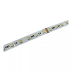 5-meter LED strip light with integrated RGB and warm cool white diodes on gray PCB, angled product view against white backgro