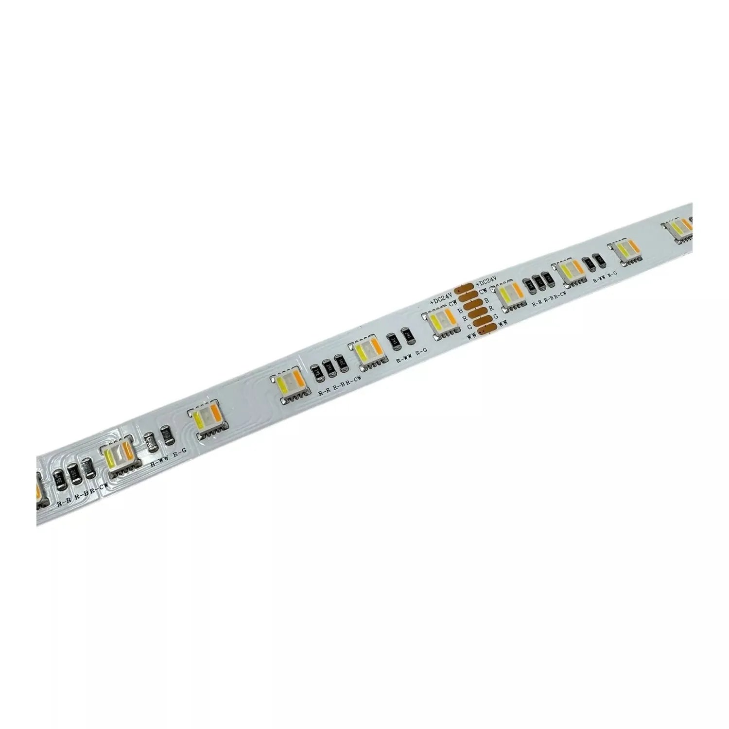 5-meter LED strip light with integrated RGB and warm cool white diodes on gray PCB, angled product view against white backgro