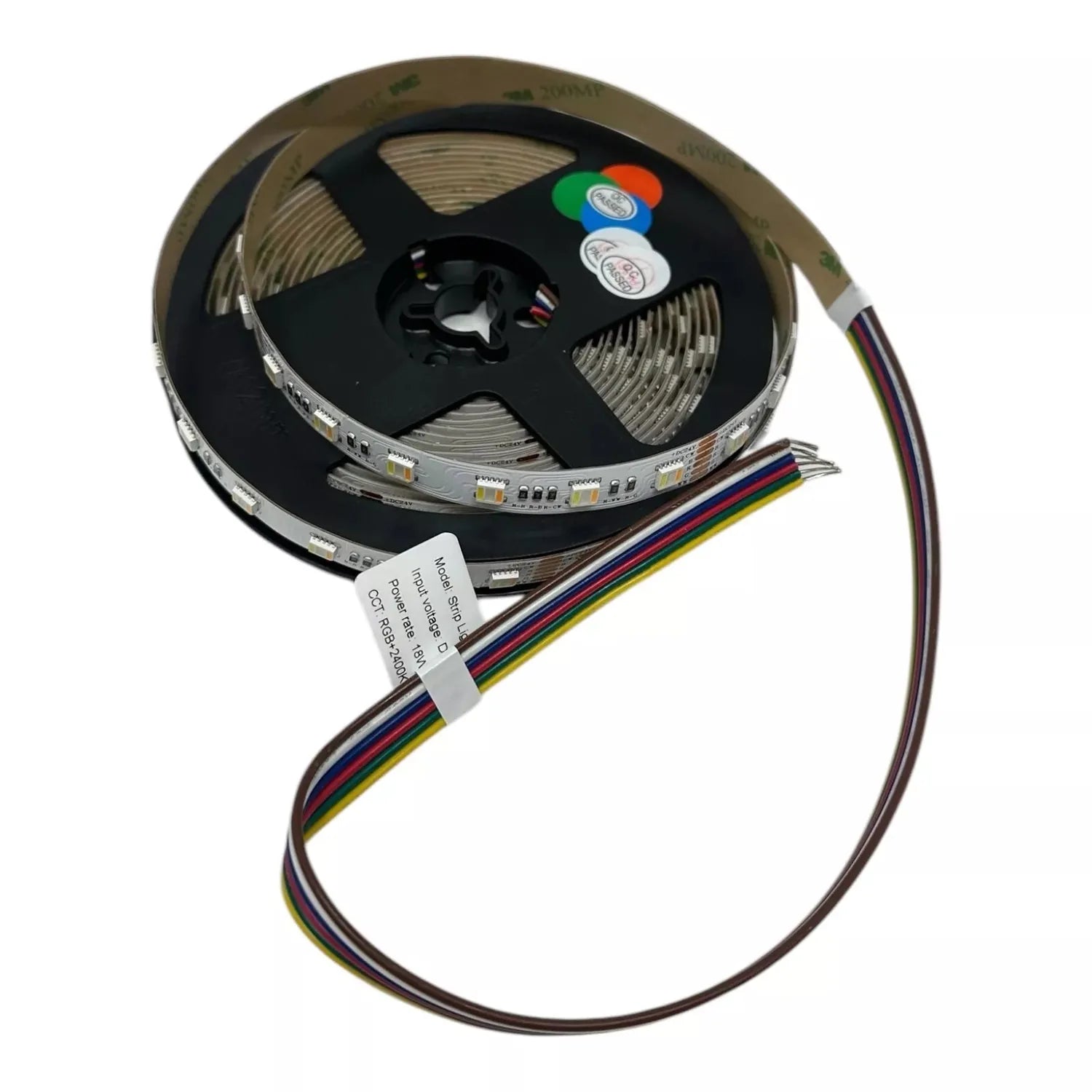 Coiled RGB LED strip light on black reel with multicolor wire connector and colored indicator dots.