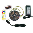 RGB LED strip light kit with remote control, WiFi controller, power adapter, and all necessary cables displayed on white back