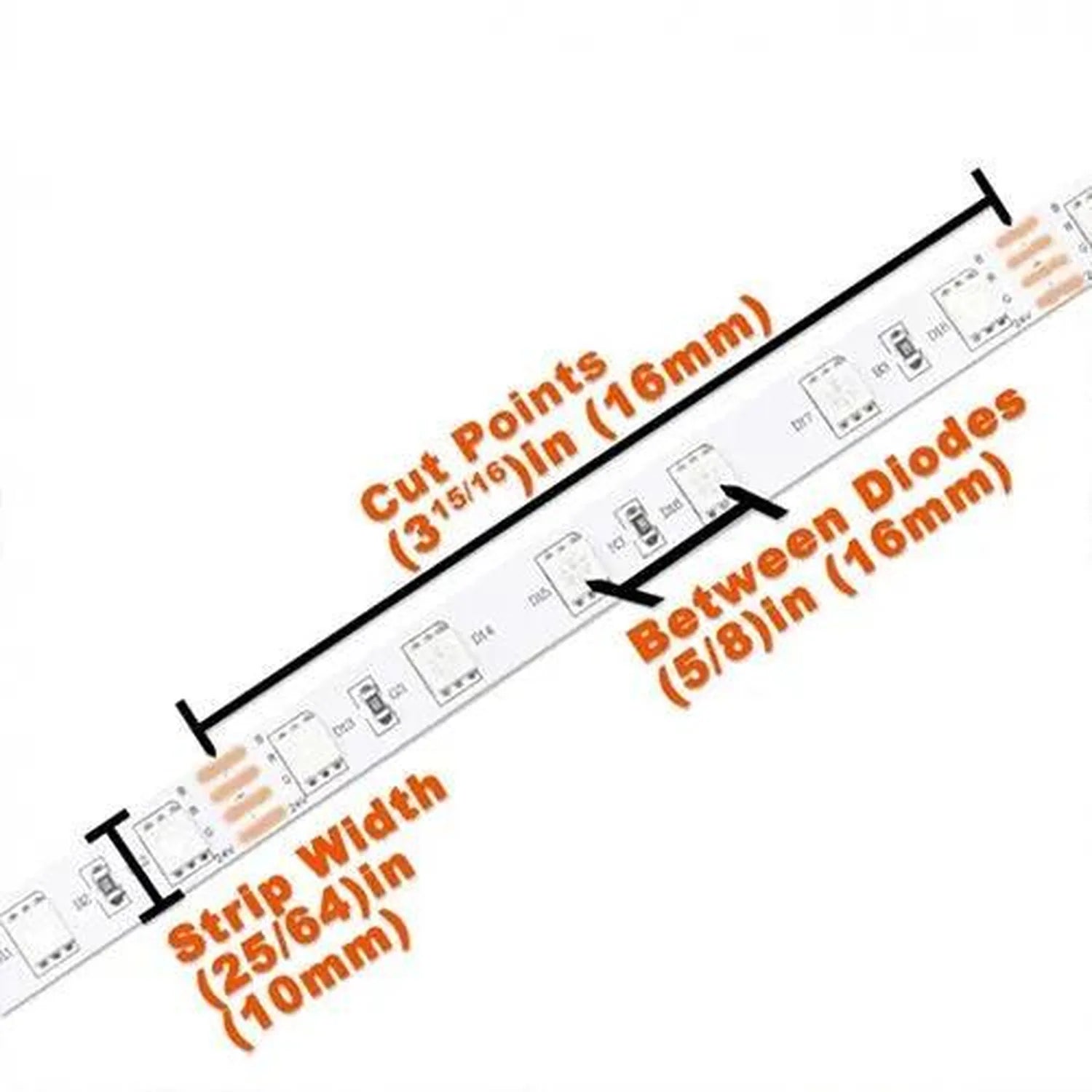 LED strip light dimension diagram showing cut points at 16mm intervals, diode spacing of 5-8mm, and strip width of 25-64mm wi
