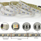 Coiled RGB and warm white LED strip lights with detailed close-ups showing LED chips, connector terminals, and spacing measur