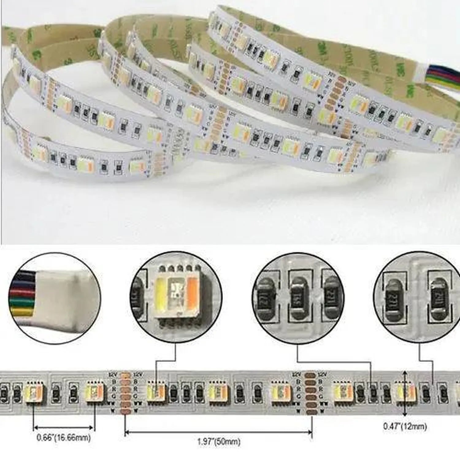 Coiled RGB and warm white LED strip lights with detailed close-ups showing LED chips, connector terminals, and spacing measur