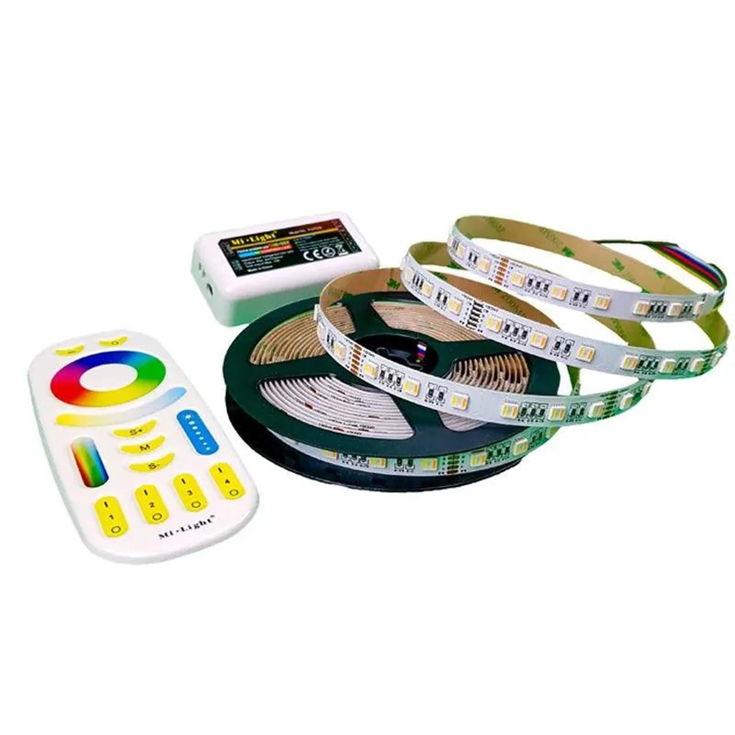 RGB LED strip light kit with remote control and WiFi controller, showing coiled light strips, color wheel remote, and white p