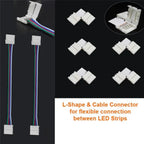 L-shaped connectors and cable adapters for flexible LED strip connections, shown in multiple configurations with color-coded 