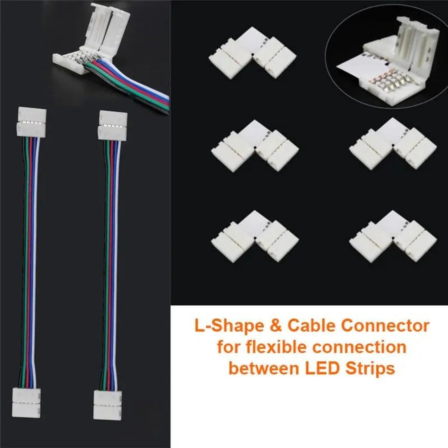 L-shaped connectors and cable adapters for flexible LED strip connections, shown in multiple configurations with color-coded 