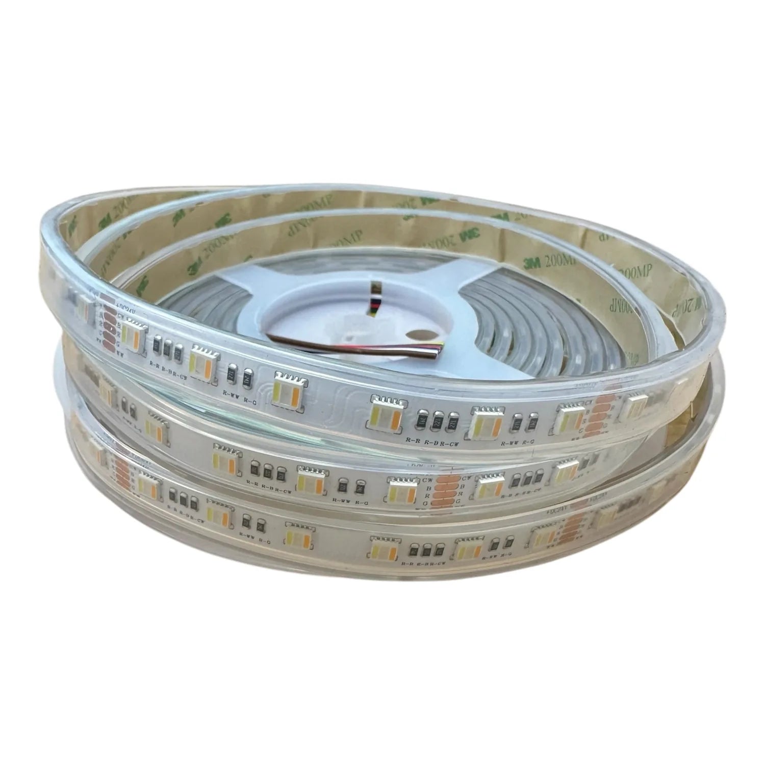 Coiled LED strip light with integrated circuit components, showing multiple layers of flexible circuitry with colorful LED ch