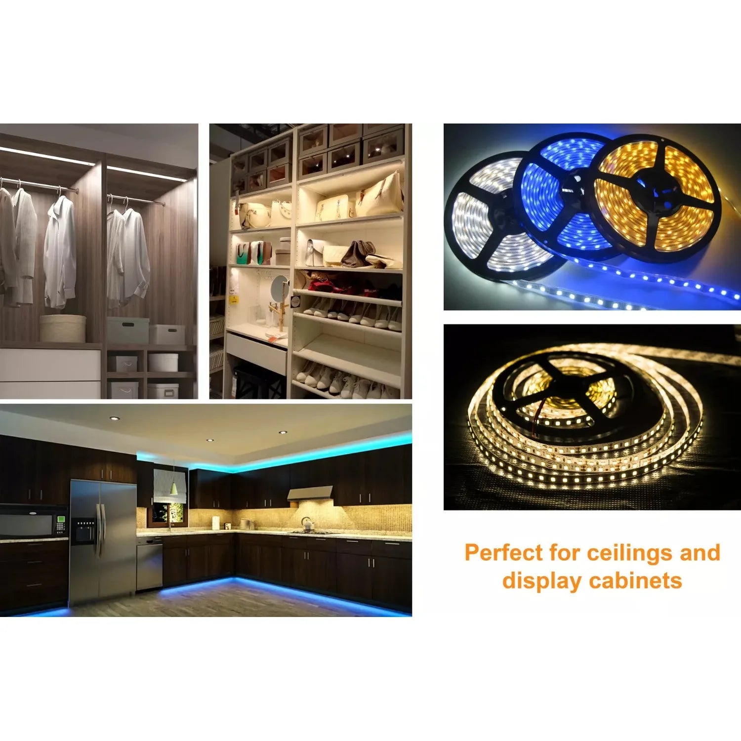 LED strip lights in white, blue, and warm white installed in modern closets, kitchen cabinets, and ceiling cove lighting appl