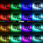 LED strip light displaying 16 color options including red, green, blue, white, yellow, cyan, and purple variations on black b