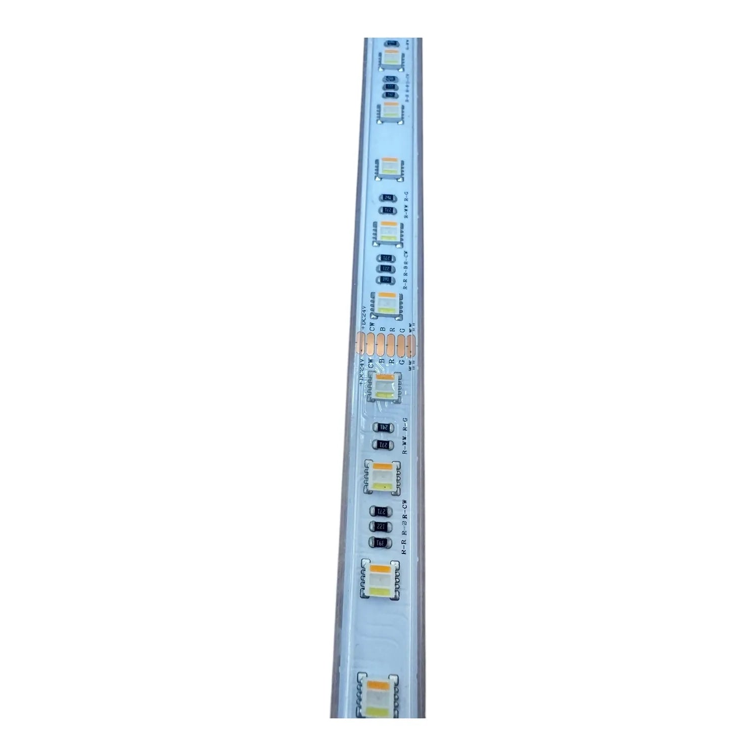 LED strip light with multiple colored LEDs and control components mounted on aluminum rail, product alone view.
