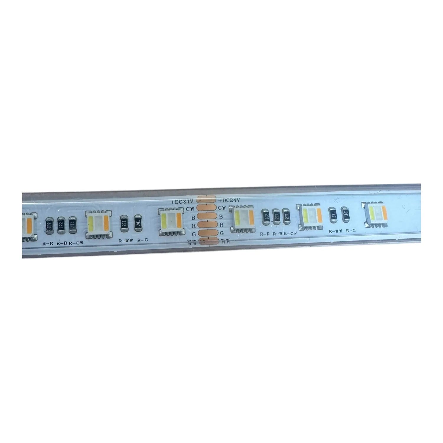 Close-up of LED strip circuit board showing labeled connection points for red, green, blue, white channels and 24V power term