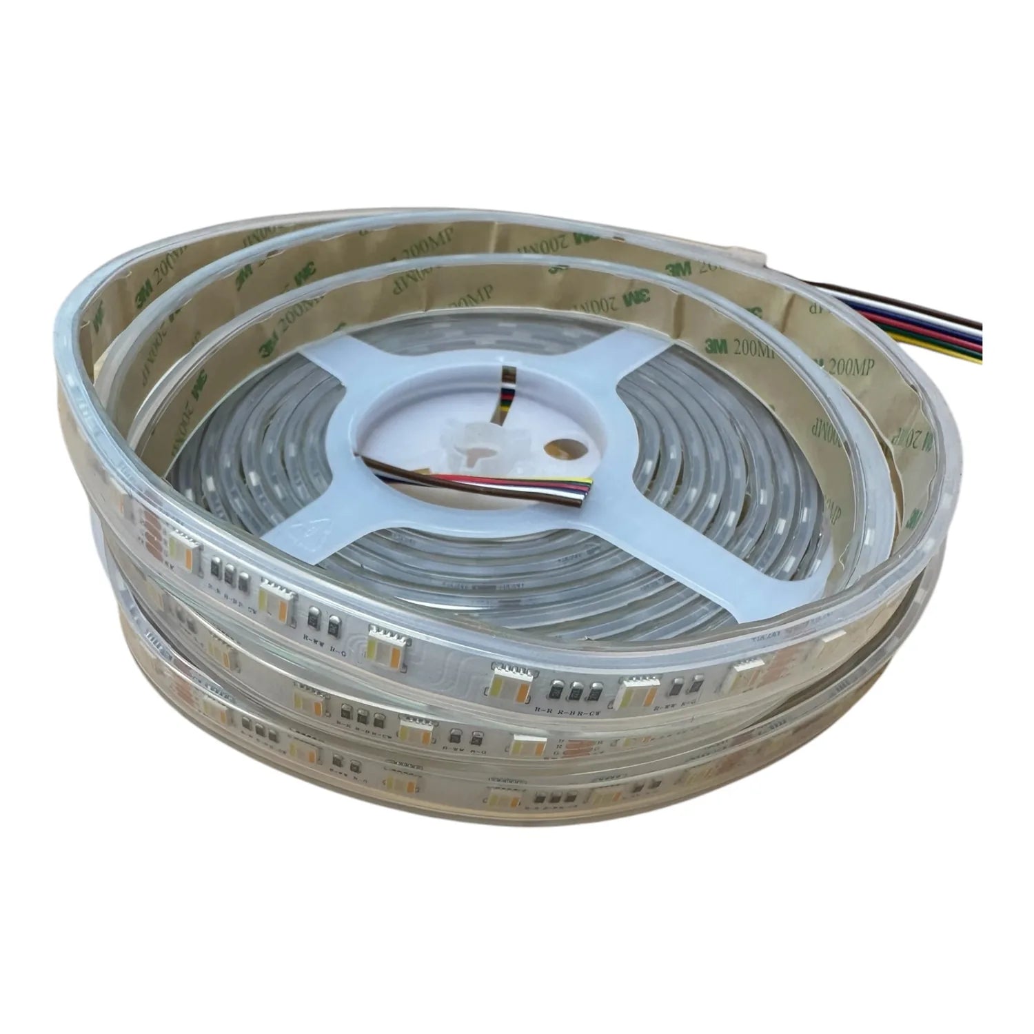 Coiled LED strip light with adhesive backing, showing multicolored SMD chips and attached power cable, product unboxing shot.