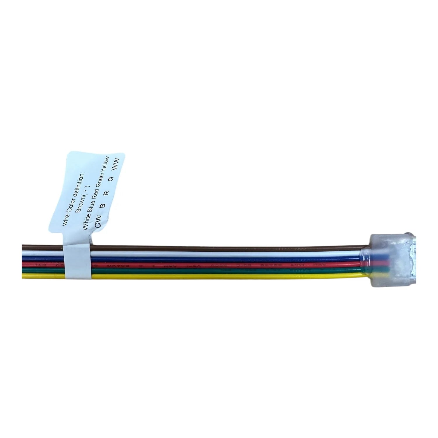 Multi-colored LED strip connector with blue identification label and gray plastic housing on white background.