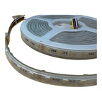 Coiled LED strip light with white casing and integrated LED chips, showing multicolor wire connector and flexible tubing.