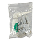 LED strip light components in clear resealable bag, including white connectors, green circuit board, and coiled cable.