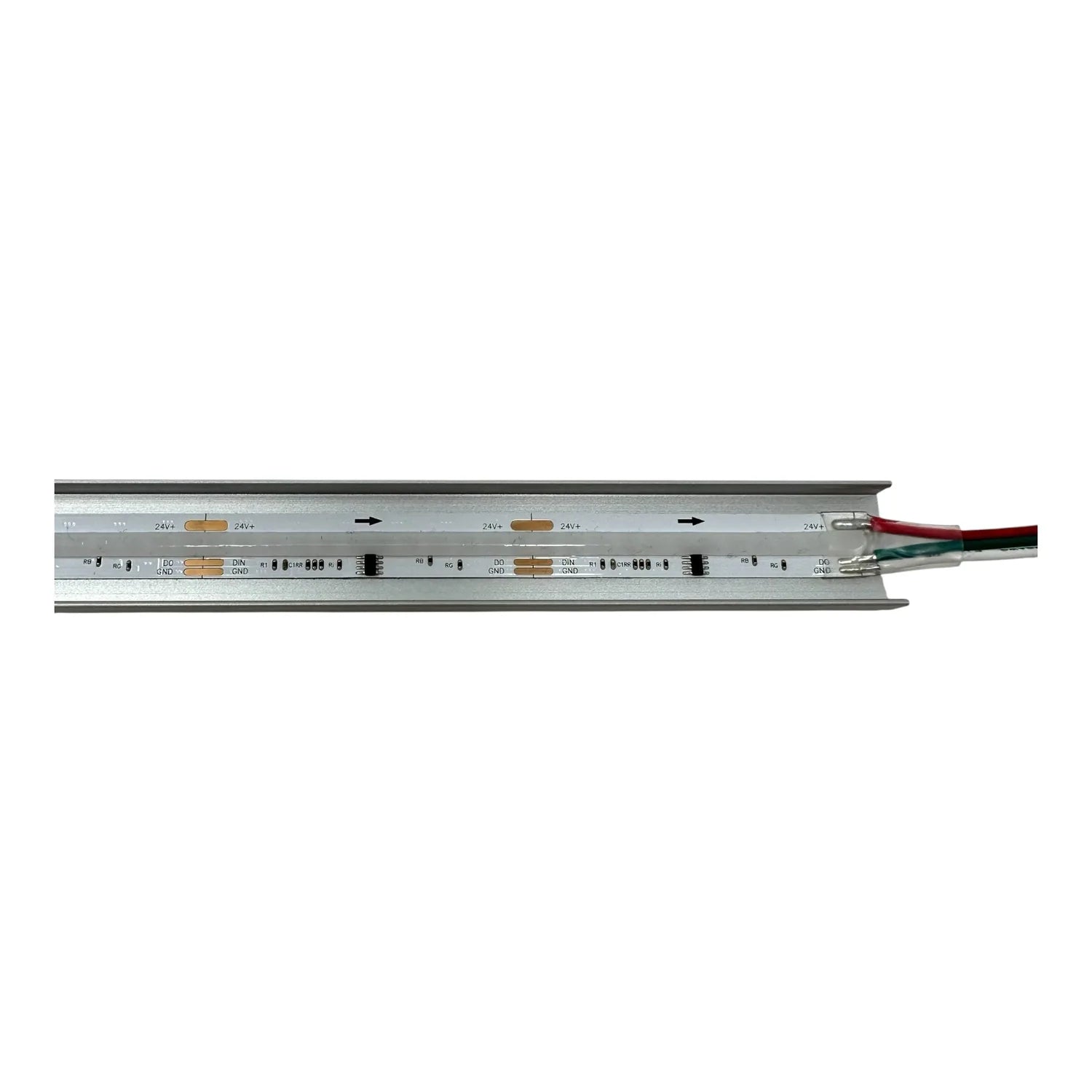 Top-down view of a 24V LED strip with aluminum housing, circuit components, and red and black power wires attached.