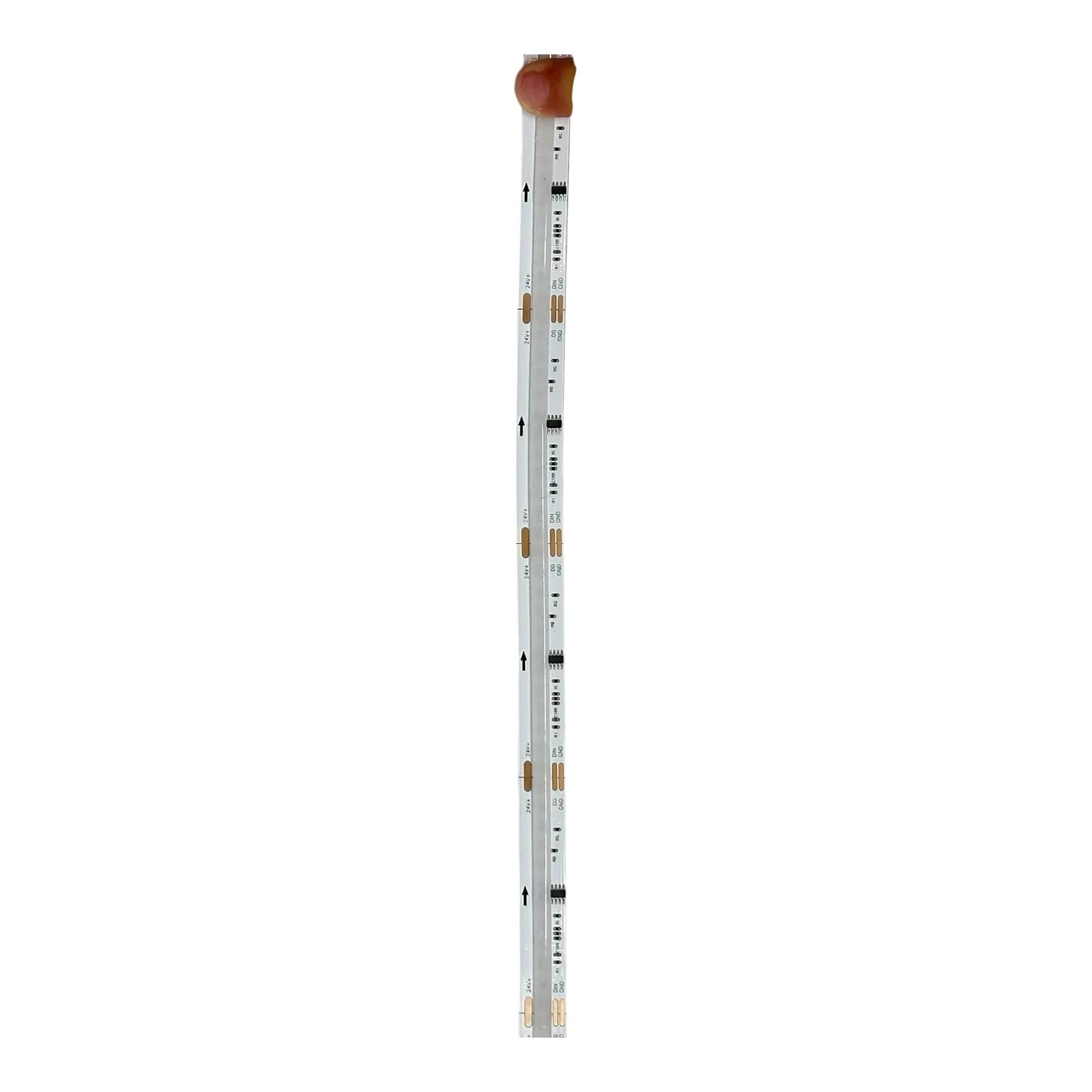 White flexible LED strip with copper connectors and reddish-brown end cap, displayed vertically against white background.