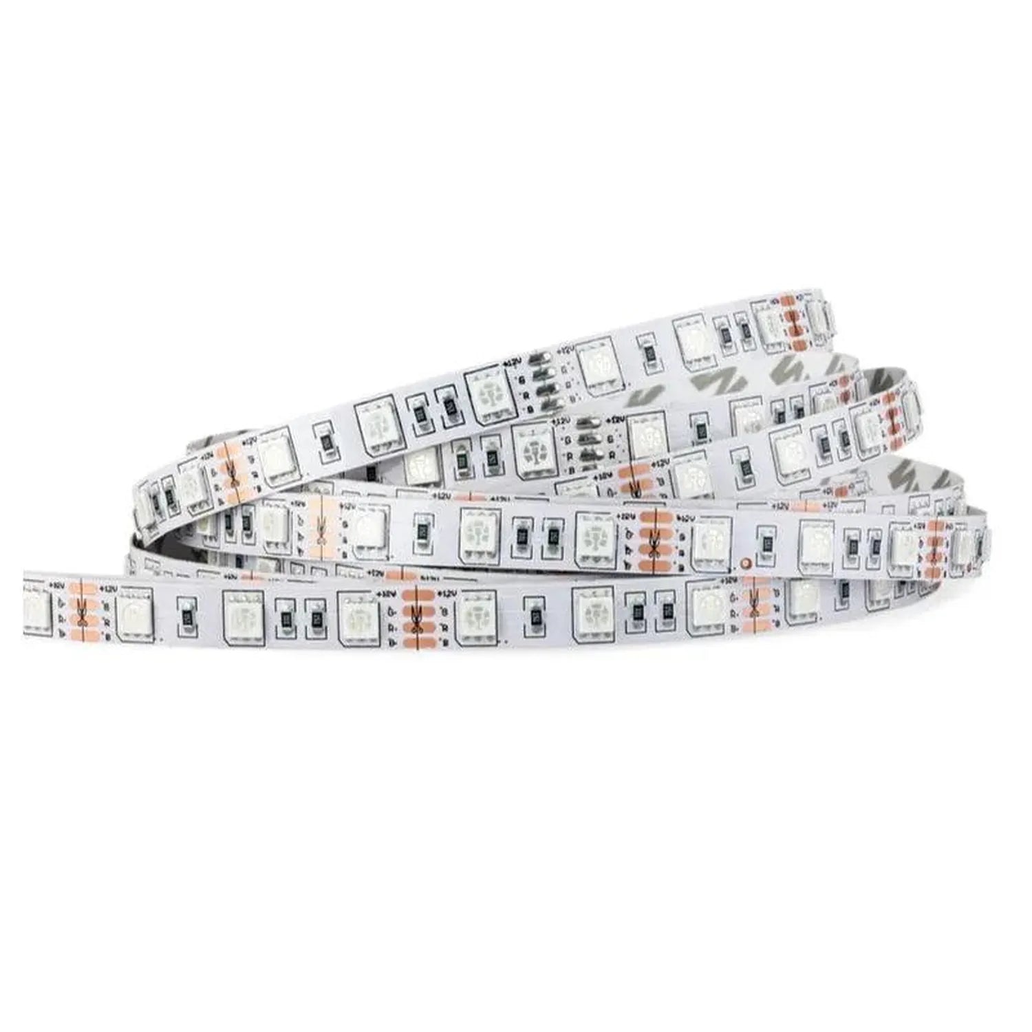 Coiled RGB LED strip light with white backing, copper connectors, and black circuit components visible on flexible substrate.