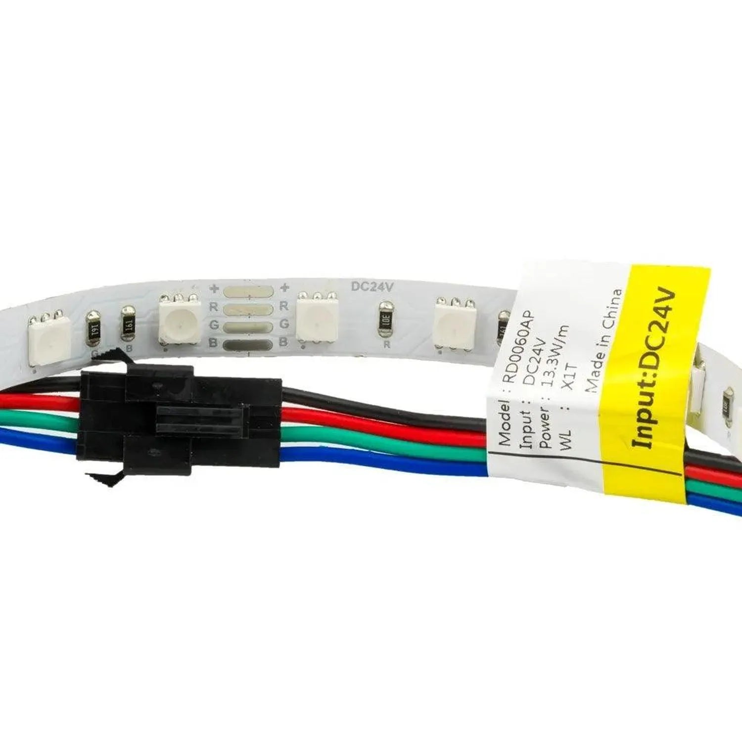 DC24V RGB LED strip light controller with four-wire connector and yellow input label visible.