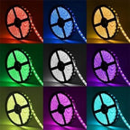 Nine LED strip lights in different colors arranged in a grid, showing red, blue, yellow, green, white, purple, lime, magenta,