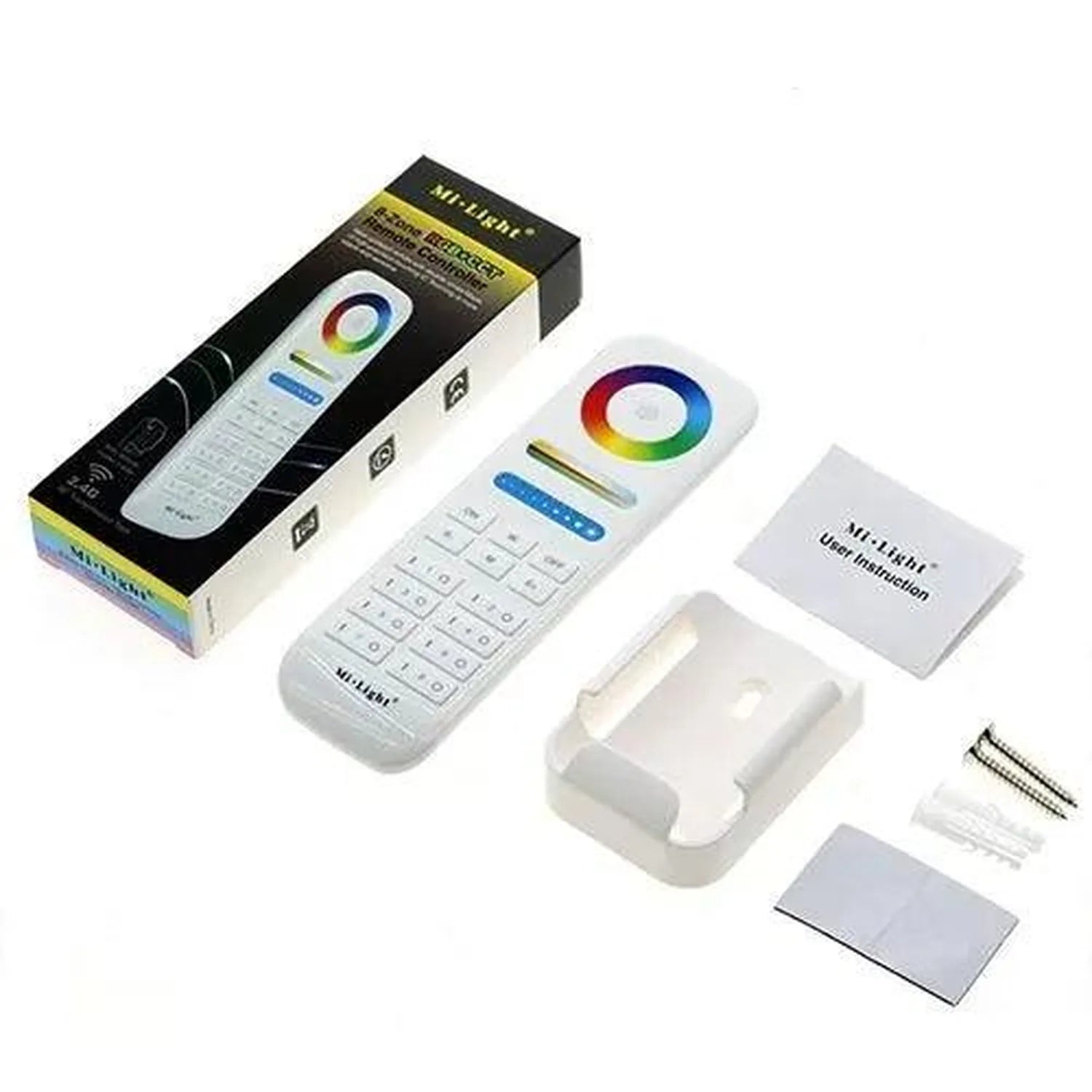 Mi-Light RGB LED strip controller kit with remote, packaging box, user manual, wall mount bracket, and installation hardware 