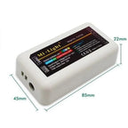 Mi-Light RGB LED controller with dimensions labeled: 85mm length, 45mm width, 22mm height, white plastic housing with black l