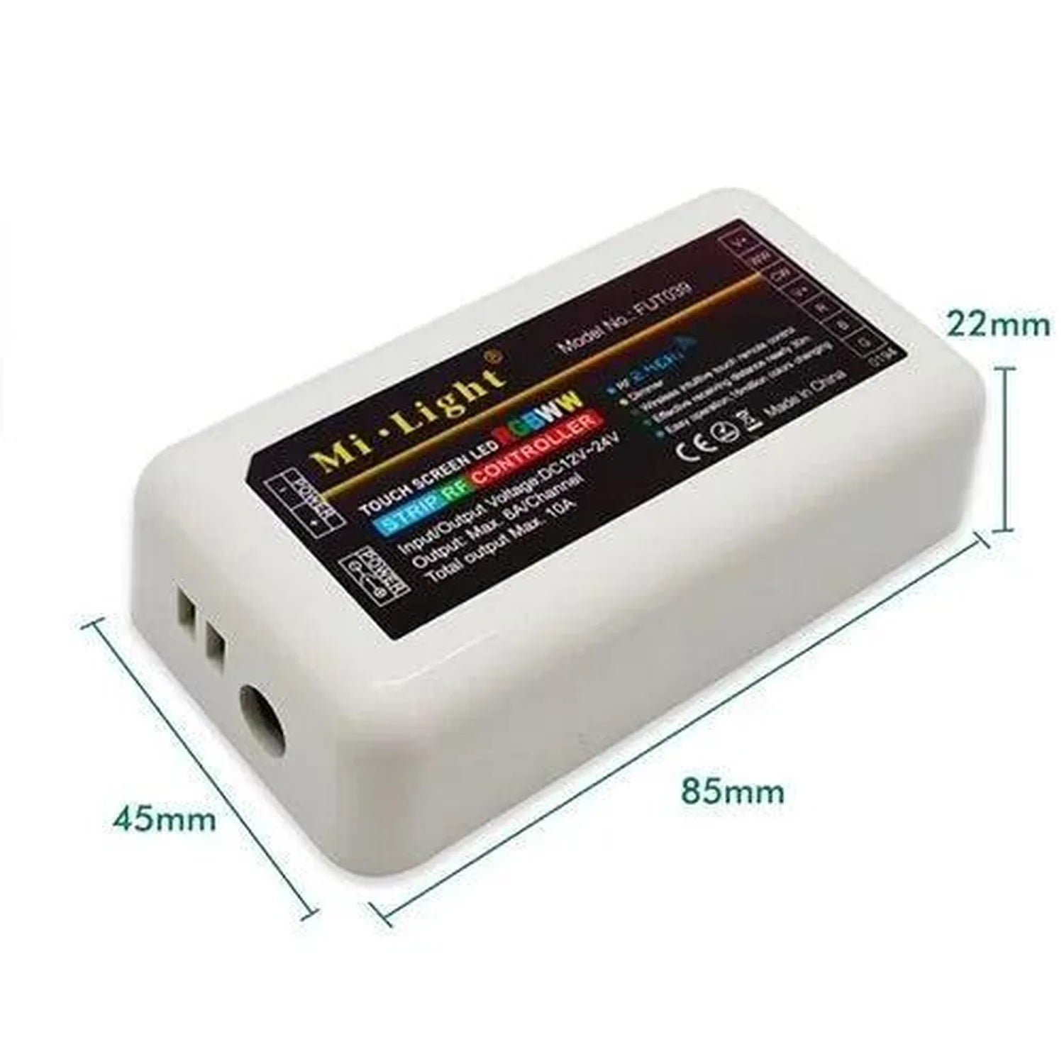 Mi-Light RGB LED controller with dimensions labeled: 85mm length, 45mm width, 22mm height, white plastic housing with black l