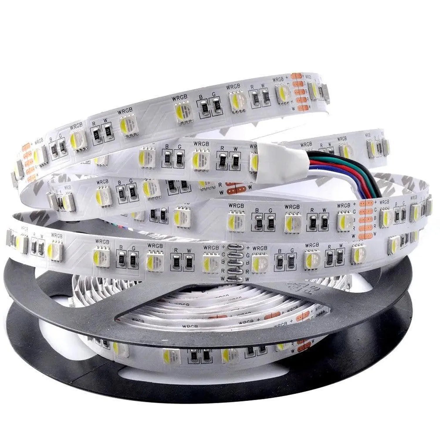 WRGB LED strip light coiled on black spool with control wires and connector modules visible