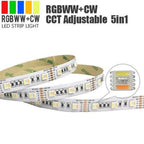 RGBWW+CW LED strip light coil showing multicolor LEDs with labeled connection points and control module detail.