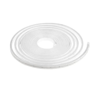 Coiled white silicone neon flexible strip light against white background, product display shot.