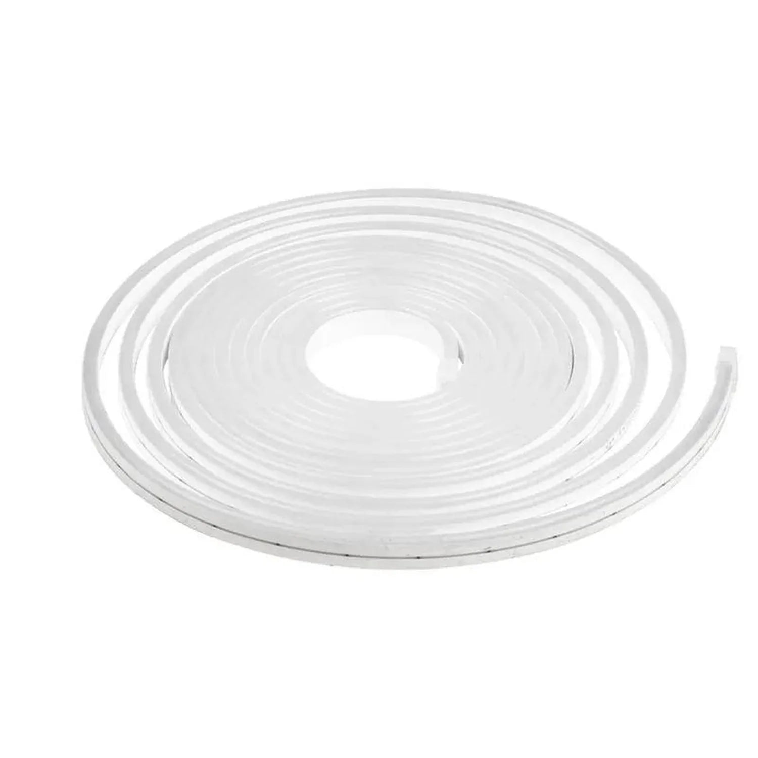 Coiled white silicone neon flexible strip light against white background, product display shot.
