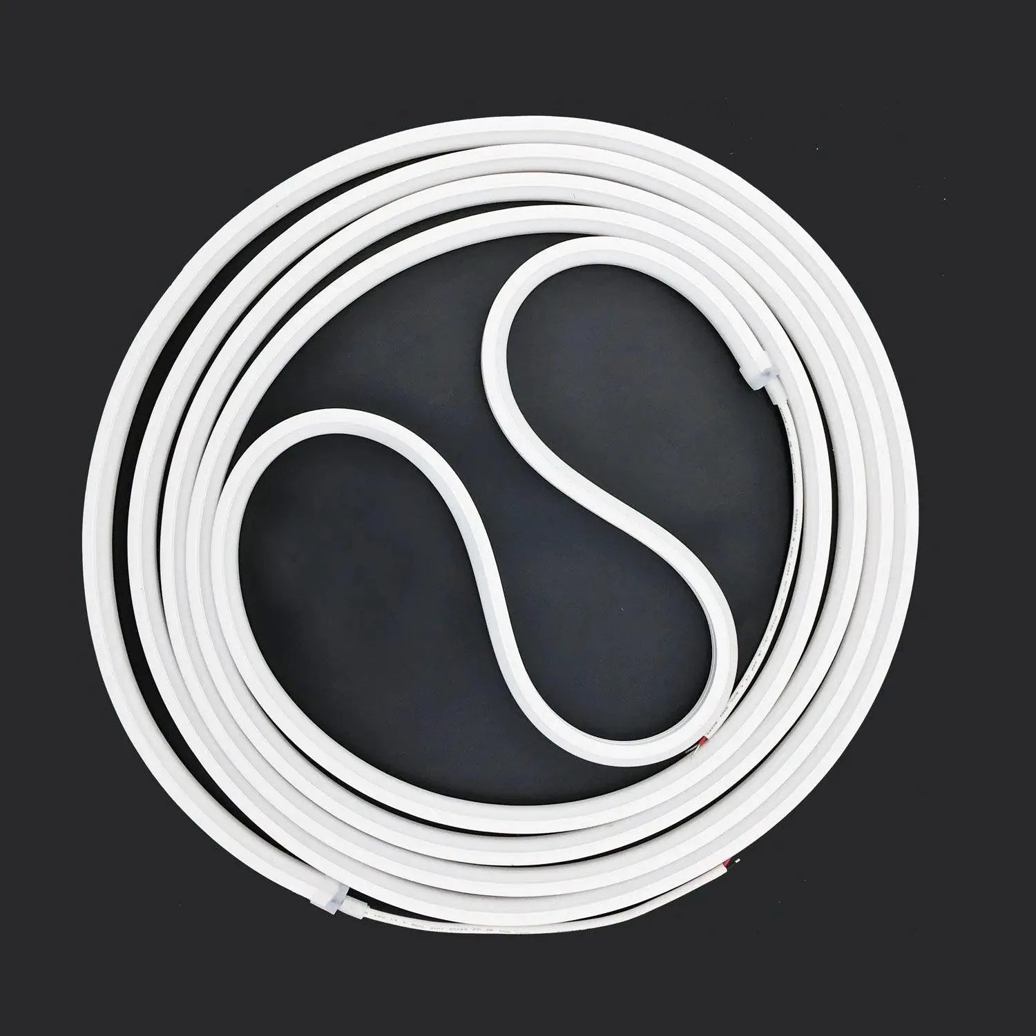 Coiled white silicone neon flex light strip against dark background, product shot showing flexible tubing and connectors.