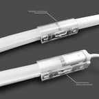 LED neon flex strip connectors shown: middle connector joining two tubes on top, wire connector with cable on bottom.