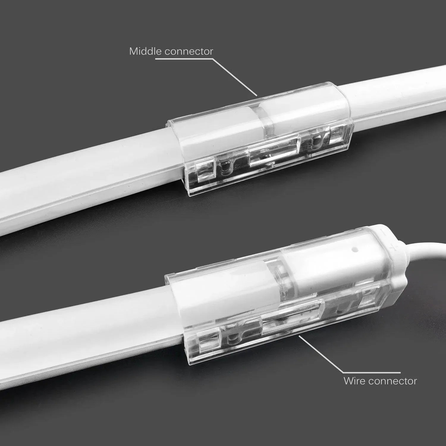 LED neon flex strip connectors shown: middle connector joining two tubes on top, wire connector with cable on bottom.