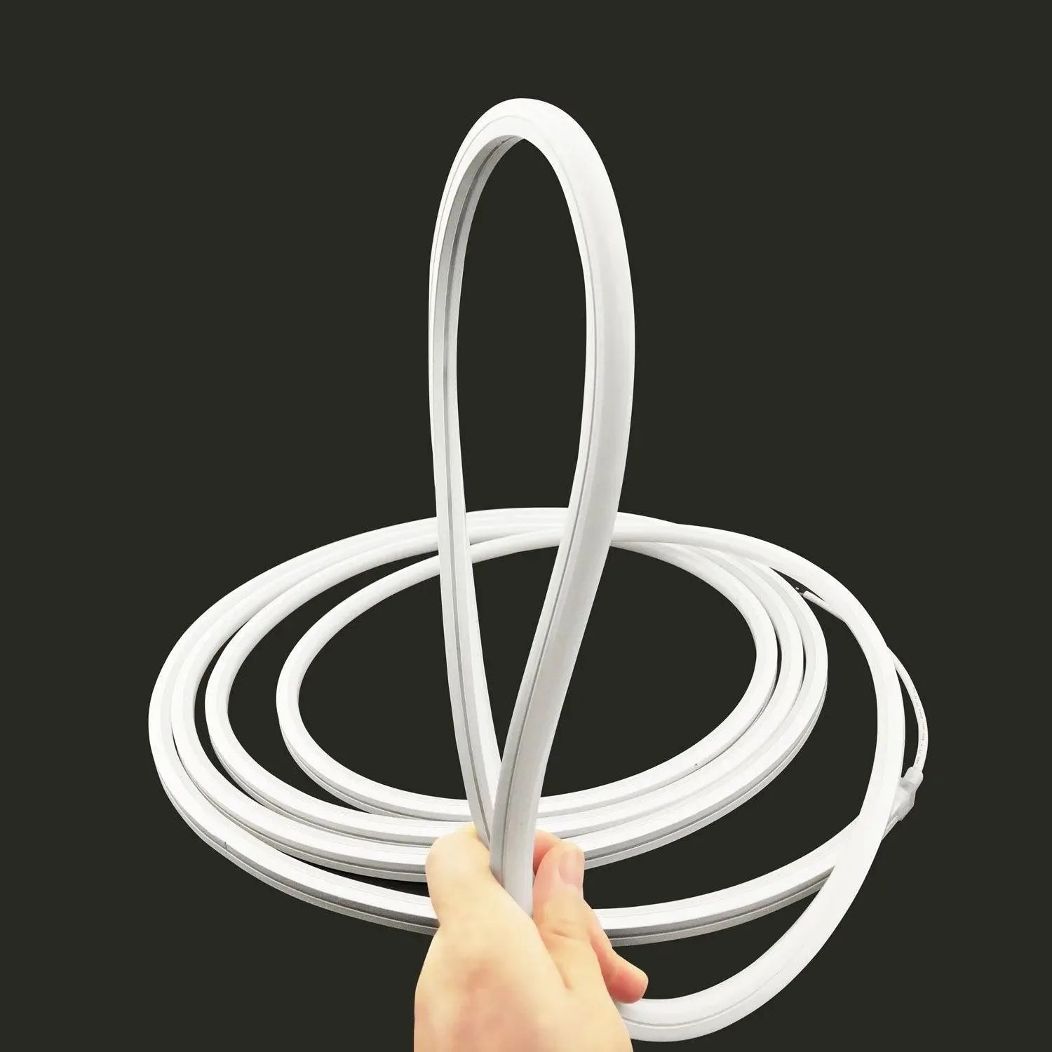 Hand holding white LED neon flex strip light coiled in loops against dark background, product display shot.