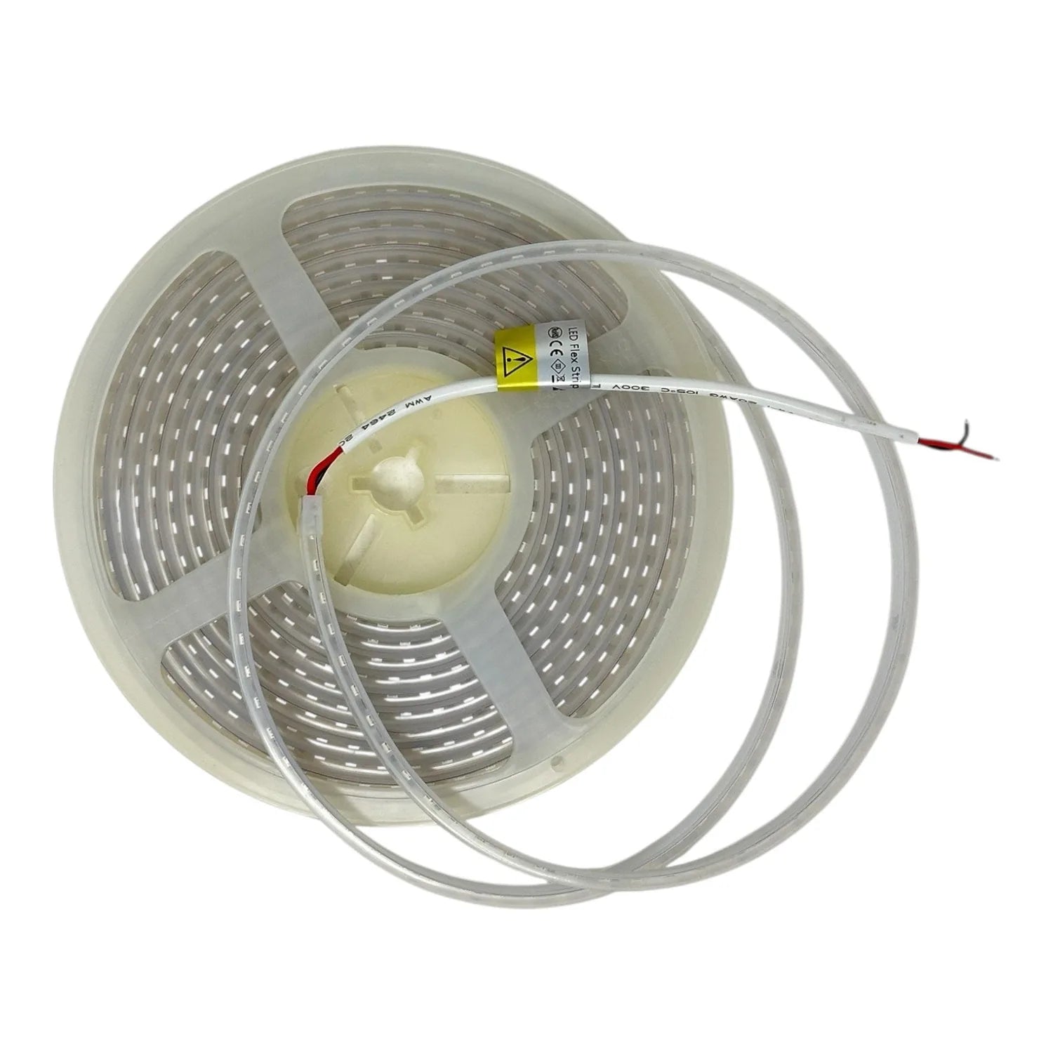 Coiled LED strip light with white casing, showing reel spool, clear tubing, and yellow safety label on white background.