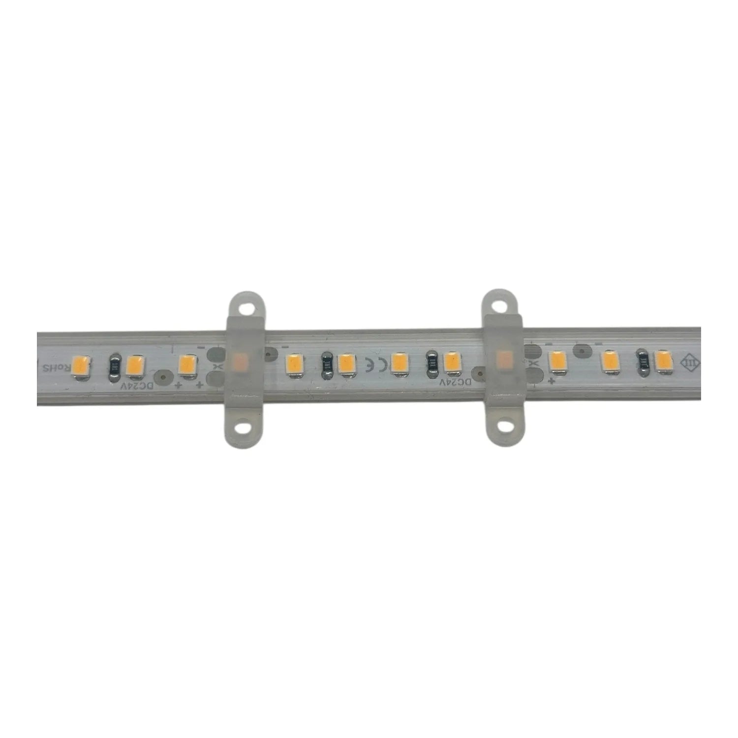 LED strip light with warm white LEDs and mounting brackets, shown as individual product component.