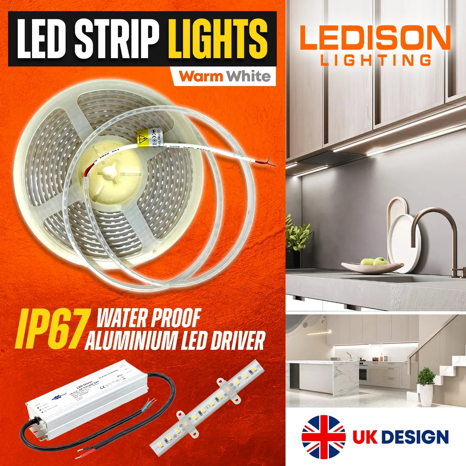 LED strip lights product display showing coiled warm white strips, waterproof aluminium driver, and kitchen installation exam