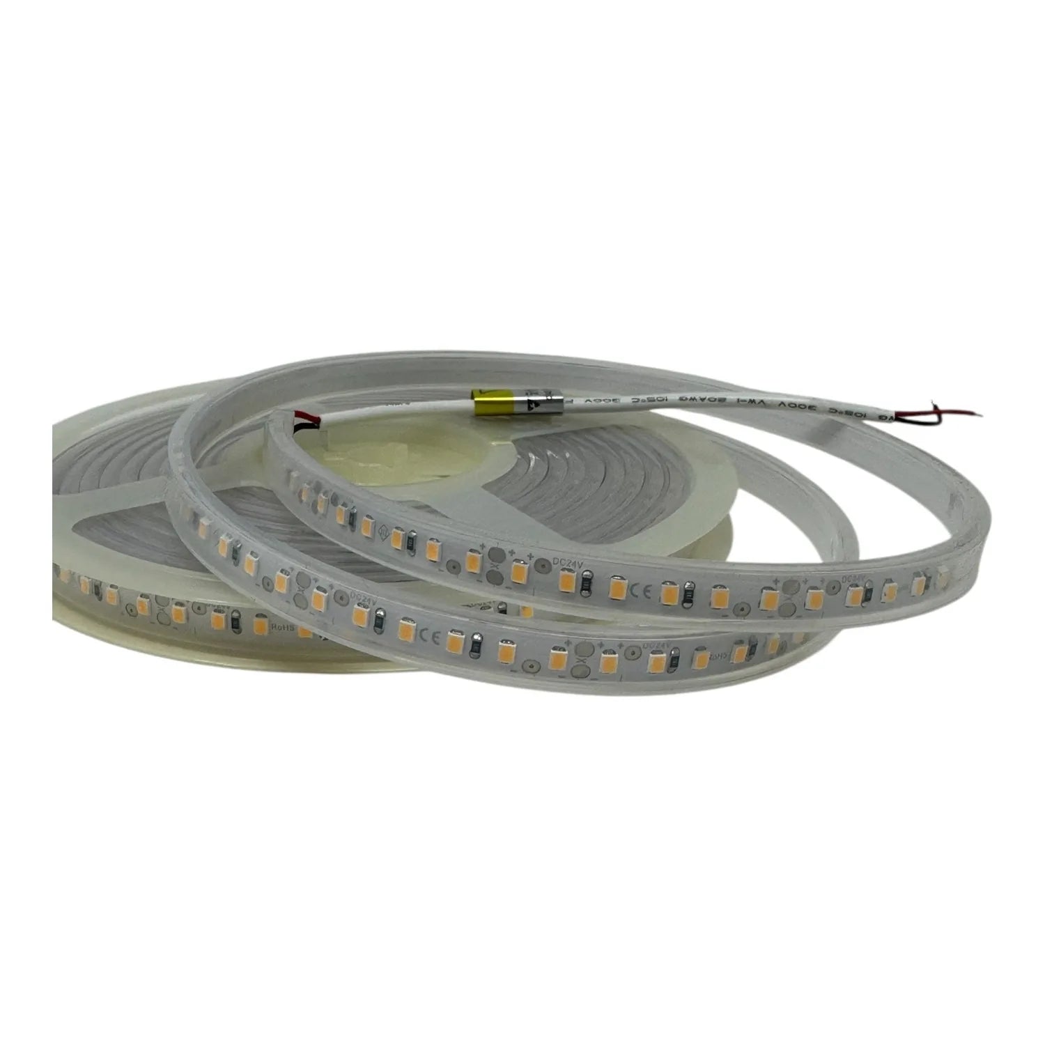 Coiled LED strip light with warm white LEDs on flexible silicone tubing, showing exposed wire connectors at end.