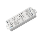 White rectangular WiFi LED strip controller with terminal connectors, control buttons, and technical specification label visi