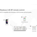 Skydance WT5 LED controller compatibility diagram showing mobile app, handheld remote, main controller unit, and panel contro